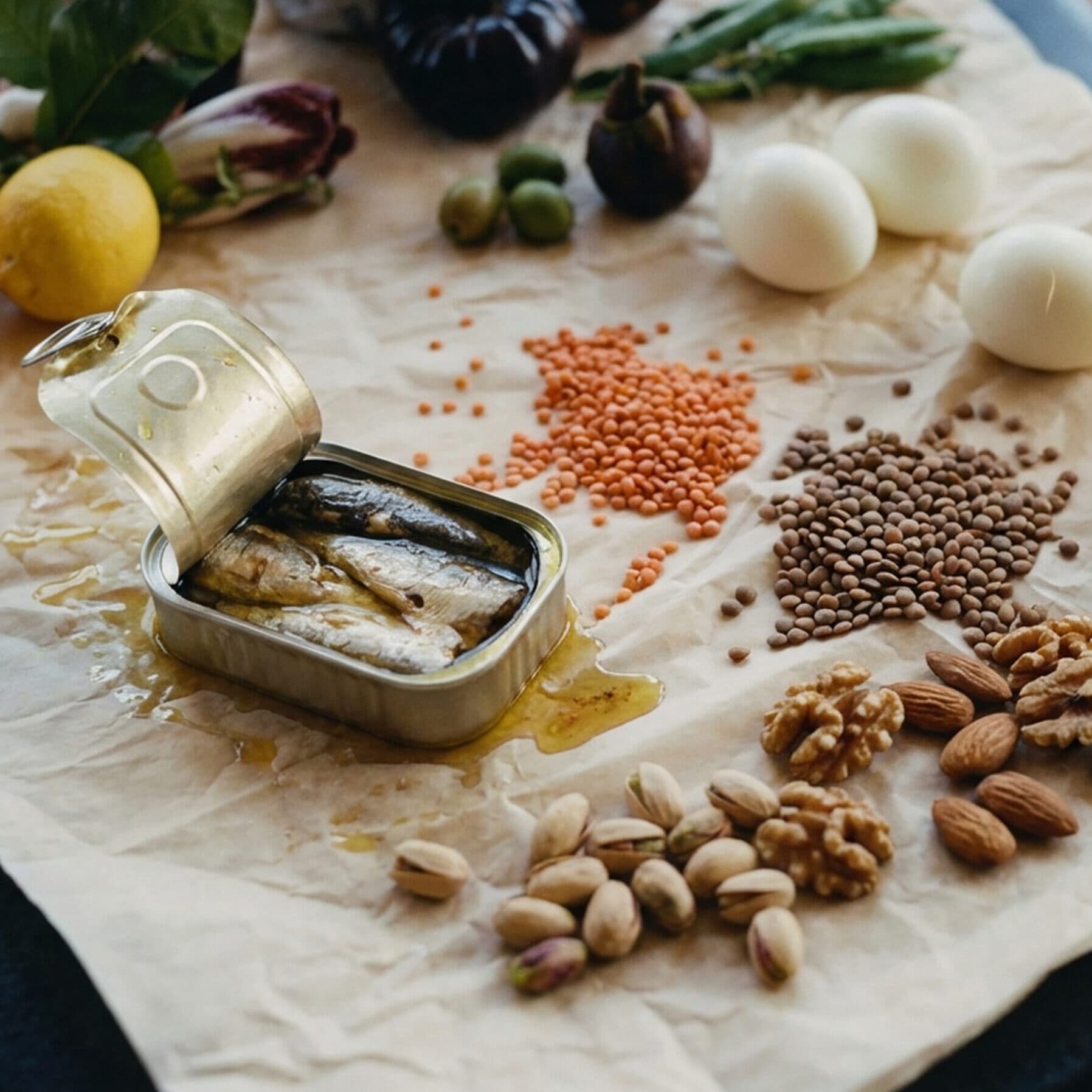 A tabletop filled with food